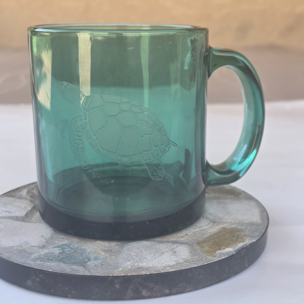 Vintage Retro Glass Mug with Etched Sea Turtle Teal  Aqua Green Coffee Cup USA